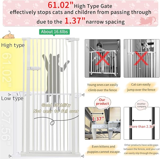 Lumizone Extra Tall Cat Gate 61.02" High Pressure Mounted Extra Wide 2025 New (17 Sizes) 1.37" Gap No Drilling Auto-Close One-Handed Operation Tall Pet Gate for Dogs(White, 61.02" H x 59.45"-63.38" W)