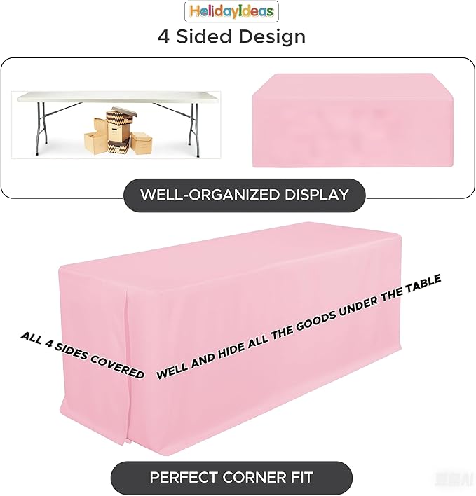 HolidayIdeas Fitted Tablecloths for 8 Foot Rectangle Table, Wrinkle Resistant Washable Table Cover 30x96 Inch for Vendor Booth Display, Banquet, Trade Show, Pink, 4 Pcs