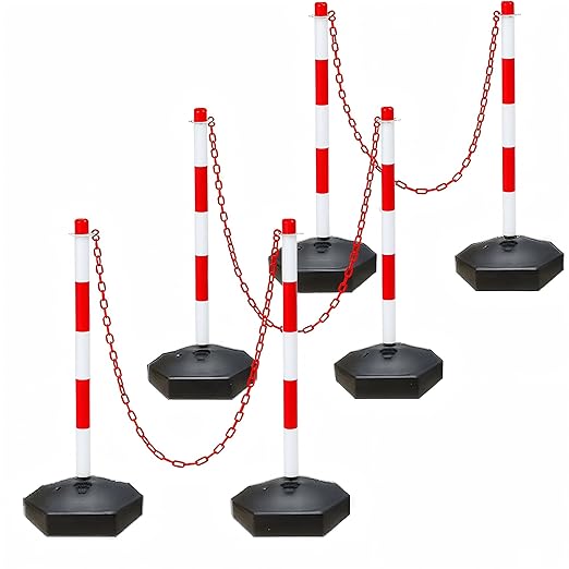 Adjustable Traffic Delineator Post Cones,6 Pack 34 Inch,Traffic Safety Delineator Barrier with Fillable Base 6.6FT Chain, for Traffic Control Warning Parking Lot Construction Caution Roads, Red&White