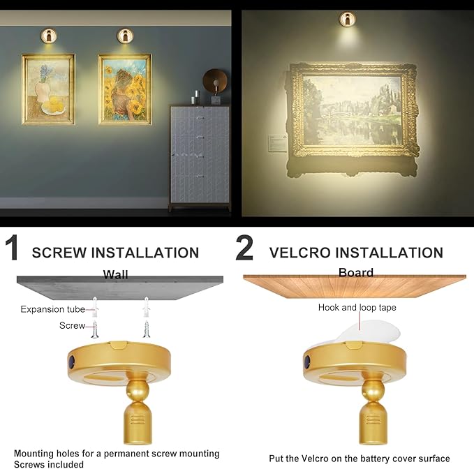 Rechargeable Indoor Spotlight, 3 Lighting Modes Battery Operated Spotlights with Remote, Picture Lights for Wall, Plant Tree Spotlight with Timer, Up Lights for Art Display Artwork-Gold