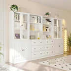 TUSY 71" H Bookshelf Bookcase with Doors, 3-Tier Modern Bookshelves with 3 Large Drawer, Display Bookcase with Glass Doors, Modern 5-Tier Curio Cabinet for Home Office, Dining Room (White, ABBA)