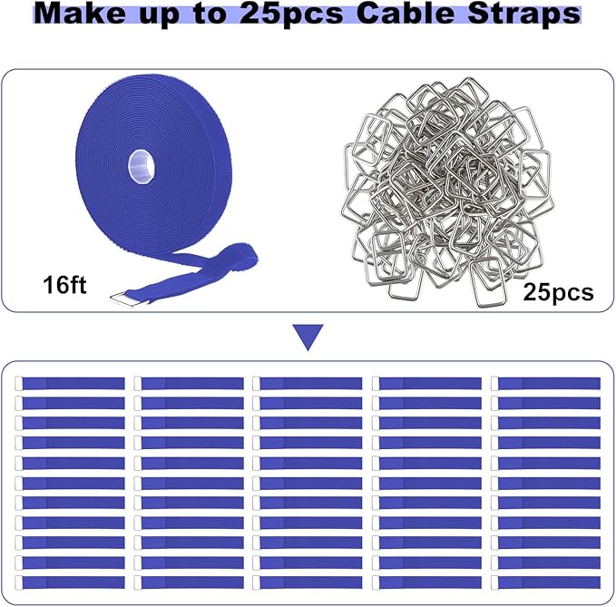 1"x16ft Hook and Loop Straps with 25 Metal Buckles, Adjustable Fastening Cable Straps, Cut-to-Length Cinch Strap, Reusable Nylon Securing Cord Ties for Organizer or Storage, 1 inch Wide,Blue