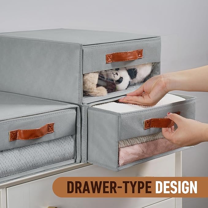 Closet Organizers and Storage Bins, Stackable Storage Drawers, Fabric Organizer Bins with Drawers,Stackable Closet Bins with Clear Window for Bedroom, Shelf,Room15.7"x 12.6"x 6.7"(Grey)