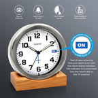Sharp Silent Sweep Quartz Analog Desk Clock with Alarm Status Indicator on Dial, Brushed Metal Clock with Genuine Wood Stand, Great Gift for Home or Office