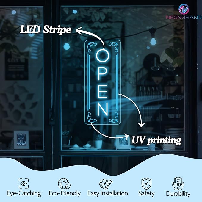 Vertical LED Open Sign - UV printing Pattern, LED Open Signs for business – USB Powered Neon Wall Light, Neon Sign for Shop, Window, or Business Use (7x16.5'', Ice Blue)