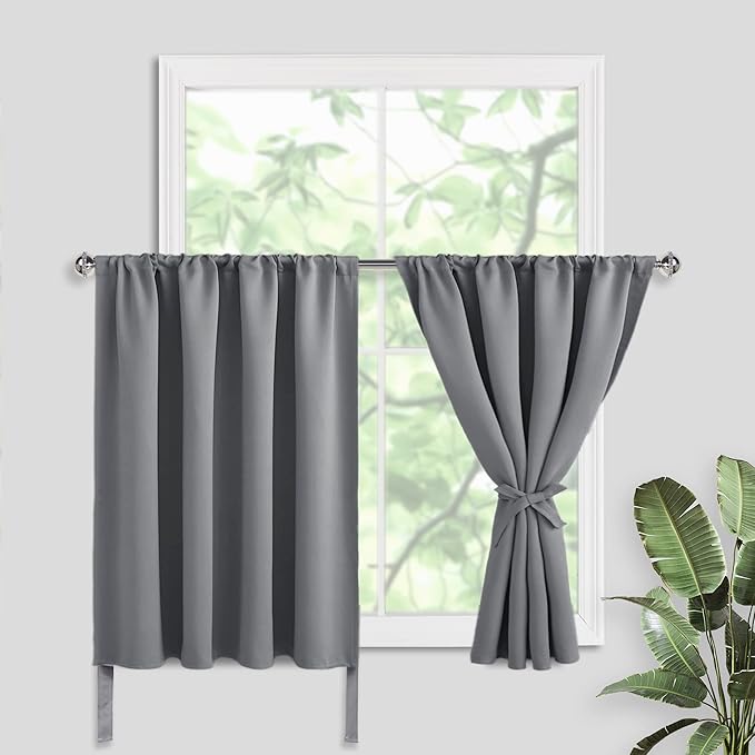 JIUZHEN Short Blackout Curtains for Small Window - Cafe Room Darkening Privacy Thermal Insulated Half Window Curtains Tiers for Bathroom,Kitchen, W 52 x L 36, Set of 2 Panels with Tiebacks, Light Grey
