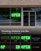 Open Sign for Business, 40"x14" Jumbo Open Sign with Timer and Remote Control, Dynamic Light Modes Led Signs for Storefront Window Bar Salon Cafes Retail Shops Green