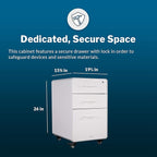 Vari File Cabinet for Office Storage with Three Drawers - Roll & Lock Caster Wheels (White)
