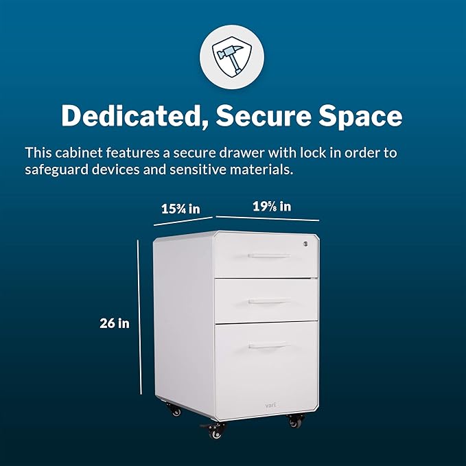 Vari File Cabinet for Office Storage with Three Drawers - Roll & Lock Caster Wheels (White)