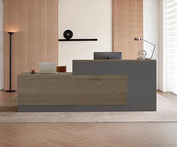 Modern L-Shaped Reception Desk with Counter - 63 inch Front Desk Reception Counter with Open Shelves, Lockable Drawer & Keyboard Tray for Office, Lobby, Checkout (Tobacco Wood + Iron Gray - Left)