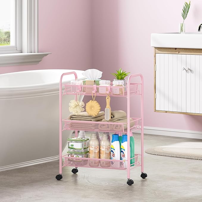 Metal Rolling Utility Cart, 3-Tier Mesh Wire Storage Trolley with Easy Assembly, Organizer Craft Cart 3 Hooks, Mobile Shelving Unit for Kitchen, Bathroom, Laundry Room, and Home