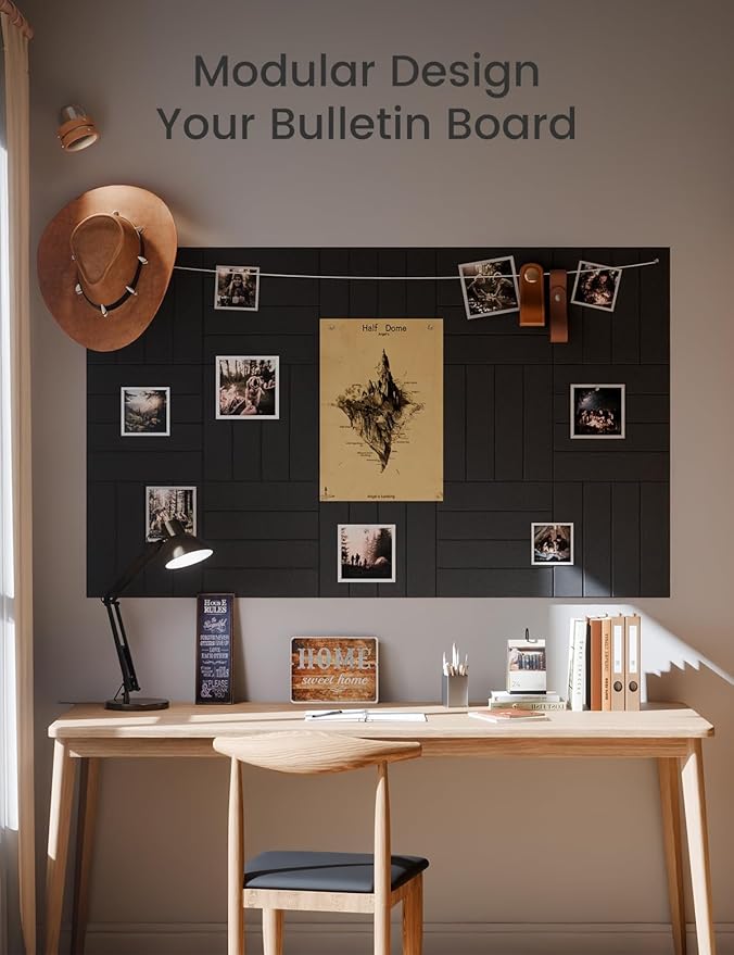 Felt Bulletin Board Tiles Large 36" x 24" Cork Board Alternative-6 Pack with 40 Adhesive Tabs, Thick Slat Wall Panels for Office Decor, Push Pin Board Wall Organizer Alternative - Black