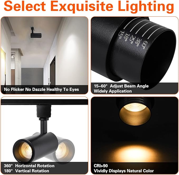 12W Zoomable Track Light Heads,H Track Lighting Heads,15°- 60° Beam Angle Track Lights for Accent Retail,Office, Artwork, 110V Bright Black Track Head 3000K - 4 Pack (Black)