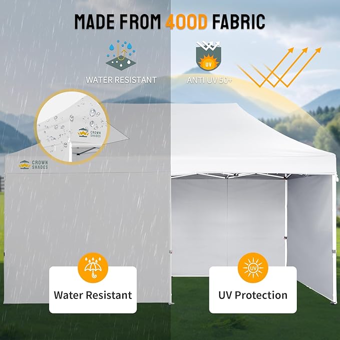 CROWN SHADES 10x20 Pop Up Canopy Tent, Thicken Frame Commercial Heavy Duty Tent, 4 Sidewalls 8 Stakes & 4 Sandbags & 4 Ropes, Outdoor Canopies for Events, Parties,White
