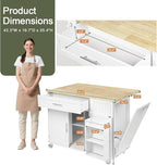 Kitchen Island with Storage, 43.3" Island Table for Kitchen with Widen Drop Leaf Rubberwood Top, Trash Can Storage and Towel Bar, Rolling Kitchen Island Cart on Wheels for Indoor Outdoor, White