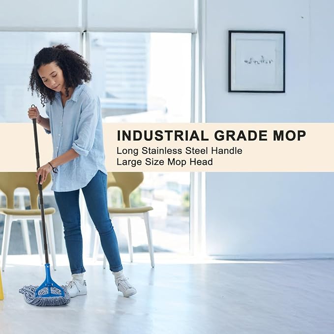 Heavy Duty Commercial Mop with 3 Extra Large Reusable Replacement Head,59" Long Handle Industrial Wet Mops,Looped-End String Cotton Mop for Floor Cleaning,House,Kitchen,Office,Garage,Tile