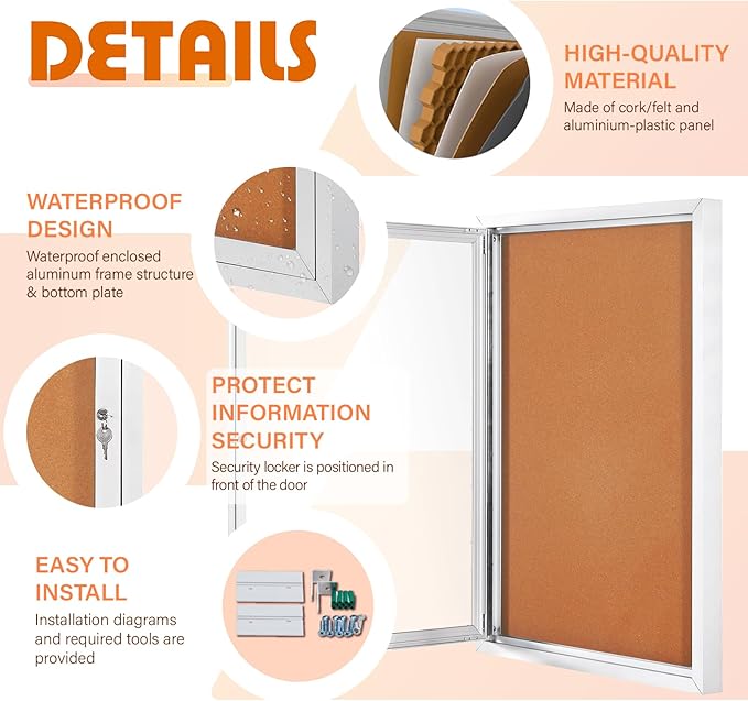 Outdoor Bulletin Board Weatherproof 36x24 in, Enclosed Bulletin Board with Locking Door, Wall Display Case for Office School Home Commercial, Silver Aluminum Frame, Cork