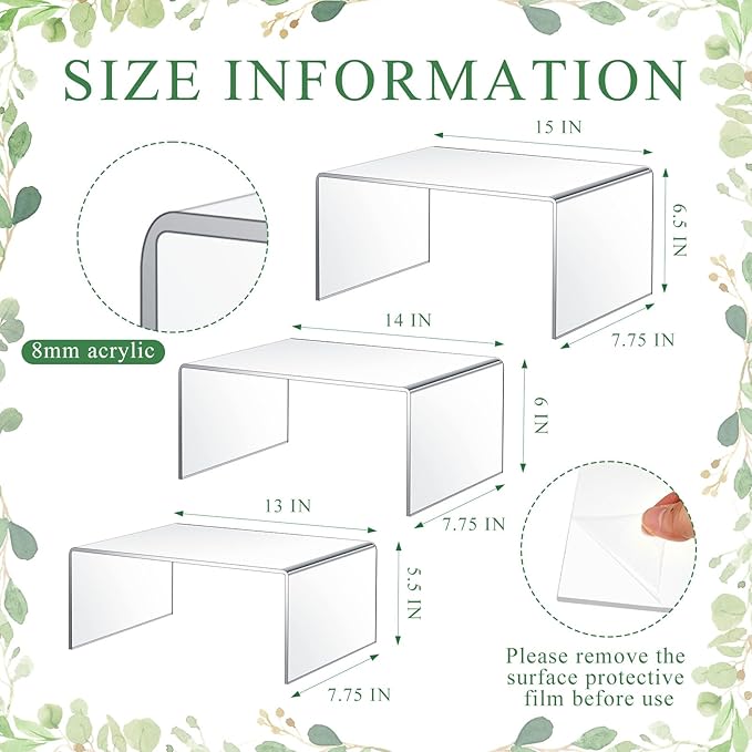 3 Pcs Extra Large 15, 14, 13 Inch Acrylic Display Risers Clear Acrylic Shelf Riser Display Stands 5 mm, 8 mm Thick Rectangular for Collectibles Figures