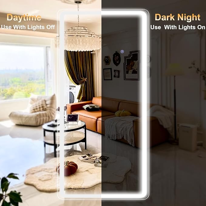 LED Rectangular Corner White Full Length Mirror - 30“ x 71” Brightness Adjustable, Touch Screen Control, Wall Mounted or Freestanding, for Bedroom Living Room Cloakroom Dressing Mirror