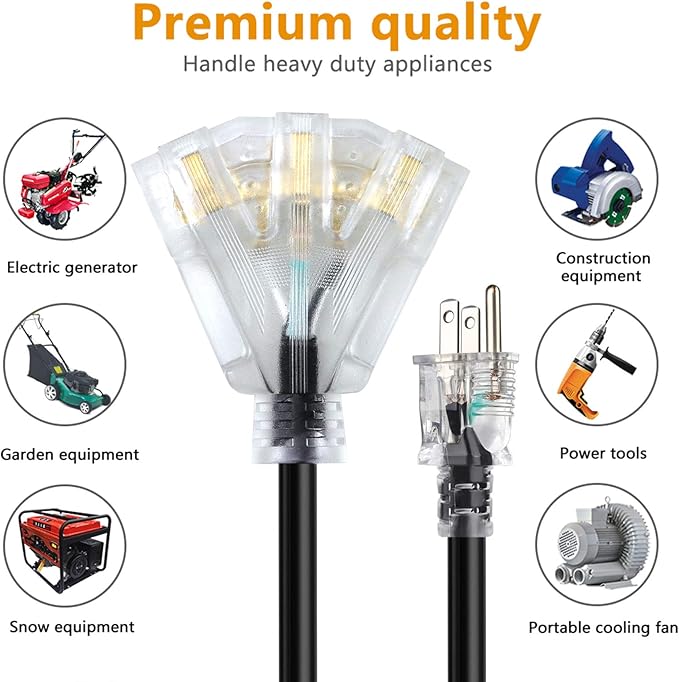 3FT 12/3 Extension Cord Heavy Duty Black 3-Outlet Indoor/Outdoor SJTW Lighted 12-Gauge Grounded Power Cable,12AWG 15 Amp, 1875 Watts，UL Listed，Safety