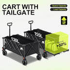 Collapsible Wagon Cart with Extended Tailgate,Heavy Duty Folding Cart, 155L Foldable Utility Wagons for Beach, Picnic, Grocery, Outdoor Camping(Black)
