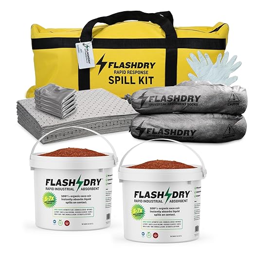 FlashDry Portable Complete Spill Kit - Yellow Duffle, Bag Tag, 15 Absorbent Pads, 2 3" x4' Sorbent Socks, Disposal Bags, Nitrile Gloves, 2 5L Buckets of 100% Organic Coir w/Dispenser Lid