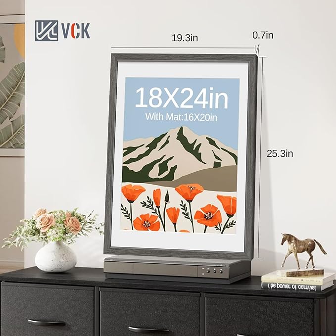 VCK 18x24 Poster Frame 5 Pack - Grey, High-End Wood Picture Frames with Polished Plexiglass, Display 16x20 Photo with Mat or 18x24 without Mat, Art Gallery-Quality, Wall Hanging, Grey