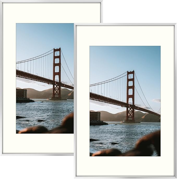 Frametory, 16x24 Metal Picture Frame with Mat for 12x18 Picture & Real Glass, Aluminum Photo Frame Collection (Silver, 2 Pack)