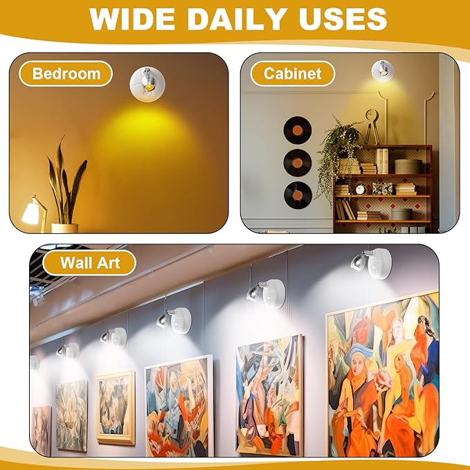 Hortsun 6 Pcs Mini Battery Operated Spotlights with 3 Remote Indoor Plant Wireless LED Spot Lights Rotatable Dimmable Accent Picture Lights for Wall Artwork Painting Display(White)