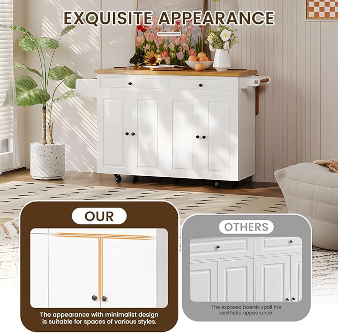 COCO DESIGN 60" Rolling Kitchen Cart with Power Strip & Drop Leaf, Thick Countertop, Large Storage Cabinet & Drawers, Mobile Island with Locking Wheels, Towel Rack and Spice Rack for Kitchen, White