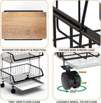 Rolling Kitchen Cart with Wood Top - 4-Tier Wire Basket Organizer for Fruits, Vegetables, Pantry Storage - Stackable, Mobile Cart with Wheels for Kitchen, Home, Office