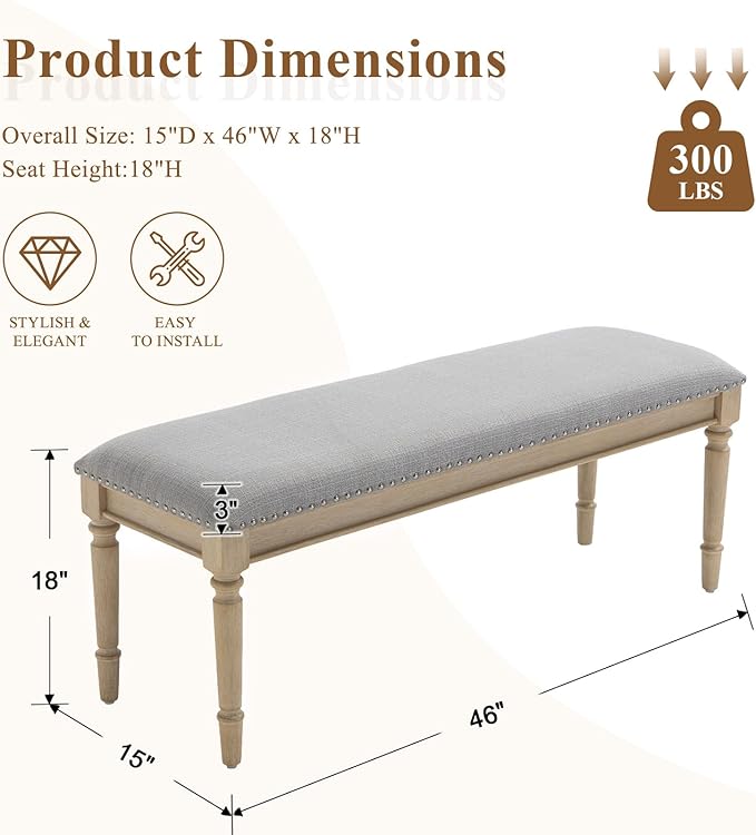 46'' French Country Entryway Bench Wooden Linen Fabric Upholstered Seat Dinng Bench with Nailhead Trim for Hallway End of Bed, Grey