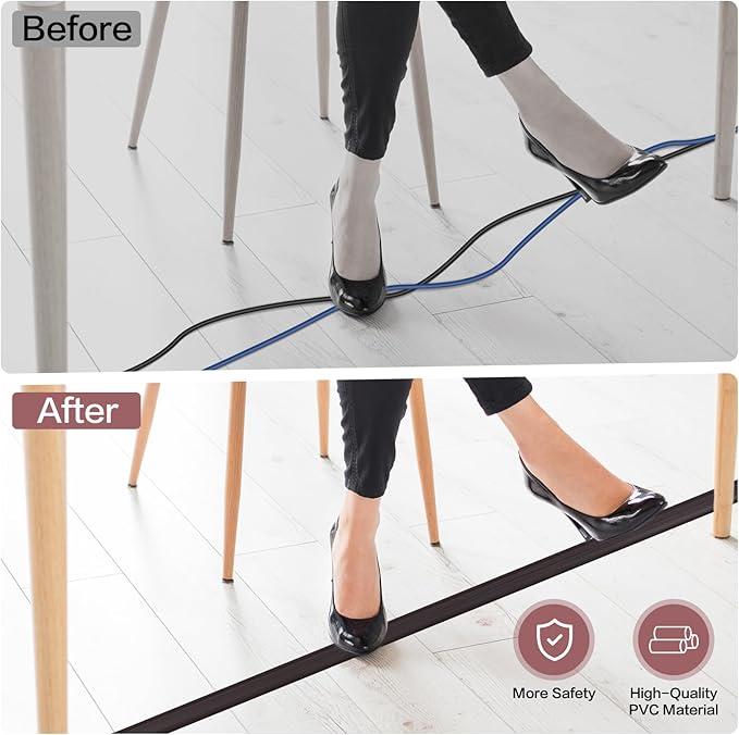 Floor Cord Cover Self Adhesive Cord Hider Floor Extension Cord Covers for Floor Power Cord Protector Cable Management Prevent Cable Trips Cable Cavity 0.32" W x 0.32" H (Dark Walnut, 10Ft)