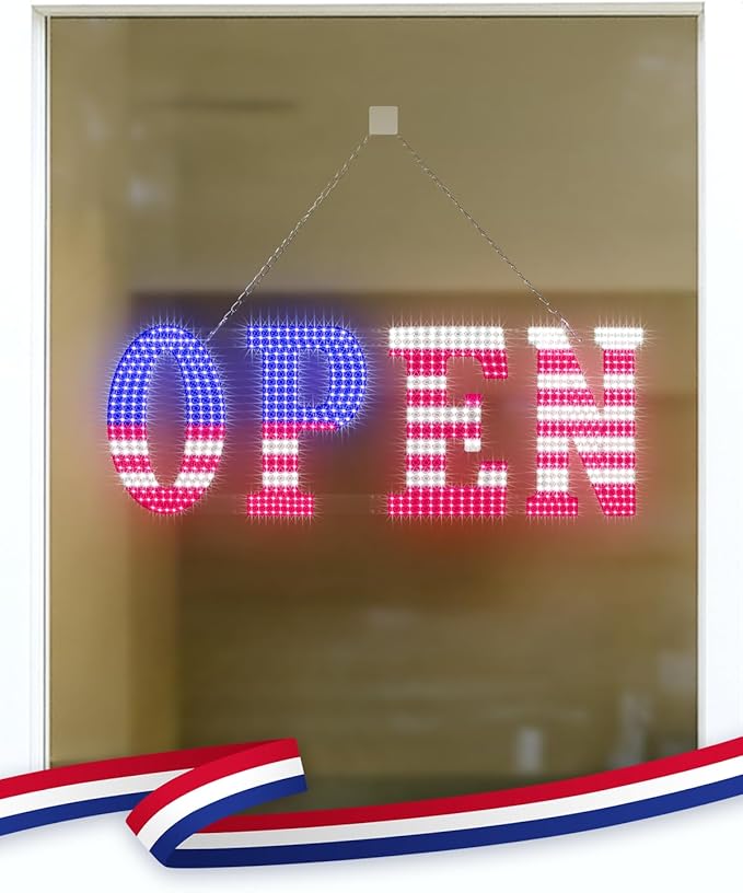 41'' x 15" Large Open Signs for Business, Super Bright LED Open Closed Sign with Hanging Installation, Light Up Sign for Bar Store Restaurant Office Hotel Salon USA Flag