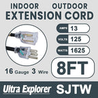 8 Ft Indoor Outdoor Black Extension Cord, 16/3 Heavy Duty Extension Cable, 3 Prong Grounded Plug with Lighted End for Appliance and Lawn, 13A, UL Listed