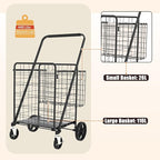 CHARMMA Large Shopping Cart with Brake,Grocery Cart on Wheels, Foldable Utility Shopping Carts with Double Basket and 360° Rolling Swivel Wheels for Groceries Laundry