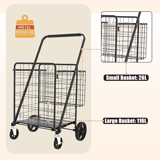CHARMMA Large Shopping Cart with Brake,Grocery Cart on Wheels, Foldable Utility Shopping Carts with Double Basket and 360° Rolling Swivel Wheels for Groceries Laundry