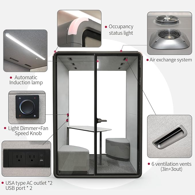 Soundproof Office Pod Booth Black, for 2 Person Meeting Pod, Quiet Meeting Pod with Acoustic Panels, Portable Modular Pod, Privacy Phone Booth for Calling, Personal Workspace H92in W63in D55in