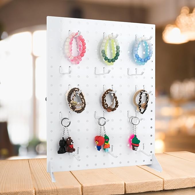 Peg Board Display Stand with 15 Hooks, Tabletop Metal Pegboard Shelf for Craft Shows & Fairs, Retail Stores, Vendors Arts and Crafts Finishing - 17x13Inch & White