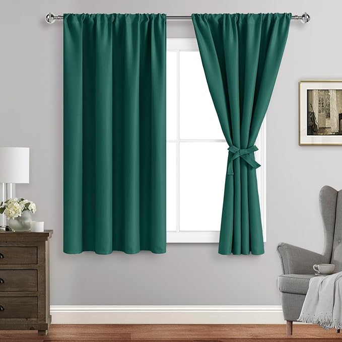 JIUZHEN Blackout Curtains for Bedroom - Thermal Insulated,Noise Reducing Room Darkening Privacy Rod Pocket Drapes for Living Room, Set of 2 Panels with Tiebacks, 42 x 54 inch Long, Forest Green