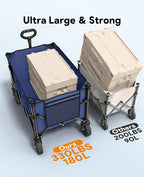 Wagon Carts Foldable, 180L Collapsible Foldable Wagon with 330lbs Weight Capacity, Heavy Duty Utility Cart with Drink Holders and Brakes for Beach Camping Shopping Sports Wheelbarrows, Blue