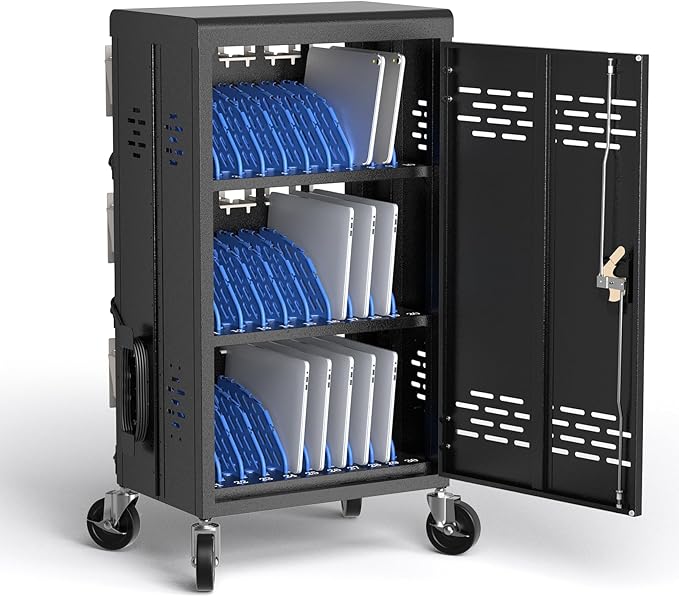 POCHAR 30 Unit Device Laptop Charging Cart for Chromebooks, Tablets, and Laptops for K-12 Education Classrooms, and Libraries, —Open-Back Design, Grounding Protection, Easy Assembly