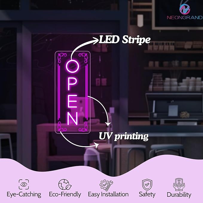 Vertical LED Open Signs for business – Super Bright - UV Printing Pattern, Remote Included - Large Size 14x35'' - Neon Open Sign for Café, Bar, Shop & Business Sign (Purple)