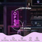 Vertical LED Open Sign - UV printing Pattern, LED Open Signs for business – USB Powered Neon Wall Light, Neon Sign for Shop, Window, or Business Use (7x16.5'', Purple)