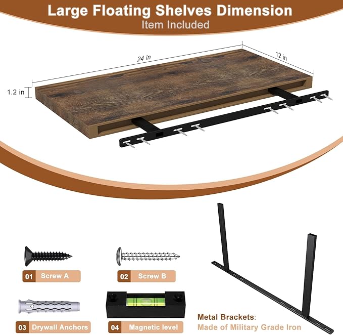 12 Inch Deep Floating Shelves for Wall 2 Pack Floating Shelfs Large Storage Space Wall Decor Display Shelf for Bathroom Living Room Bedroom Kitchen 23.8" W x 12" D x 1.2" H Rustic Brown