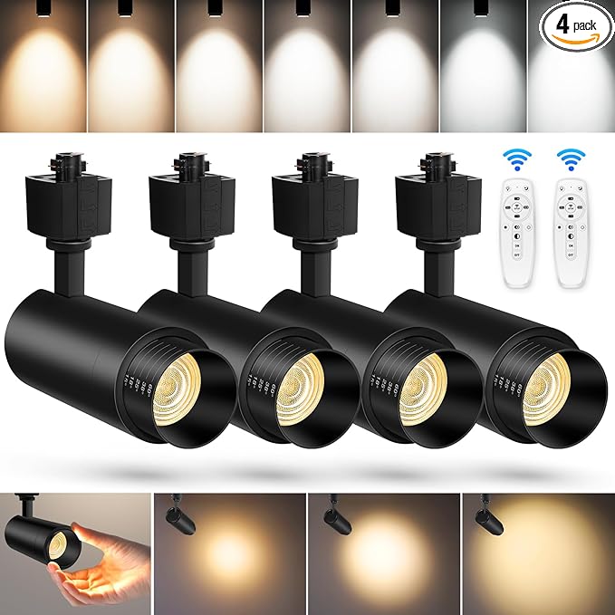 【2025 Upgraded】10-Color Zoomable 12W LED Track Lighting Head Dimmable H Track Light Remote Control Bright Rail Ceiling Spotlight Fixtures for Accent Art 2700K~6500K 15°~60° CRI90 1200lm black 4 Pack