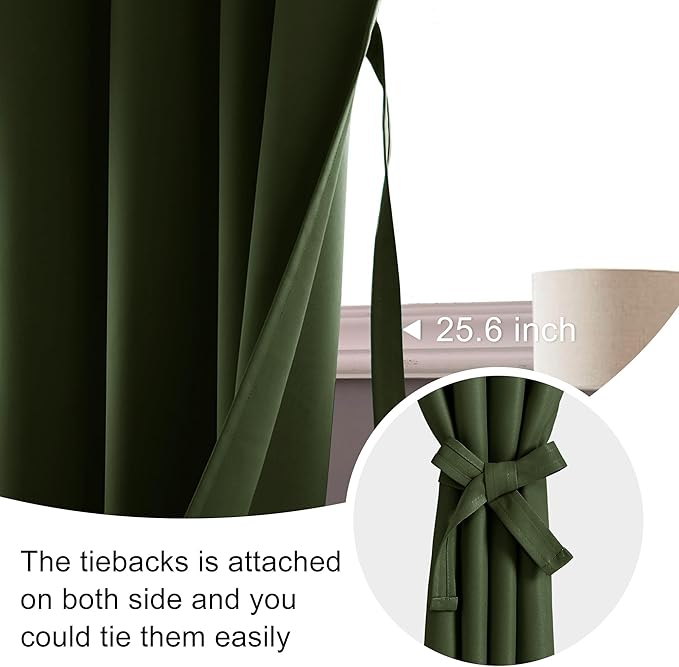 JIUZHEN Christmas Blackout Curtains for Bedroom - Thermal Insulated Room Darkening Noise Reducing, 52 x 54 Inch Length Curtains for Living Room, Set of 2 Panels with Tiebacks, Olive Green