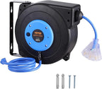 VEVOR 30FT Retractable Extension Cord Reel, 16AWG/3C SJTOW Heavy Duty Power Cord w/Lighted Electrical Triple Tap Outlets, 10A Circuit Breaker, 180° Swivel Bracket for Workshop or Garage, Blue