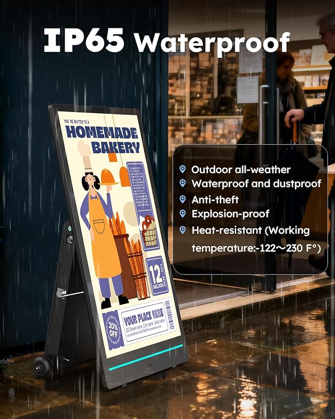 55-inch Rechargeable Portable FHD Outdoor Digital Signage Displays, IP65 Waterproof, Smart LCD Split Screen, Brightness Auto-Adjustment Movable Advertising Kiosk with Android OS