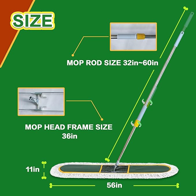 48-Inch Commercial Dust Mop for Hardwood Floors, Large Dry Mop with Reusable Cotton Yarn Head, Telescopic Stainless Steel Handle - Ideal for Industrial Floor Cleaning, Marble, Laminate